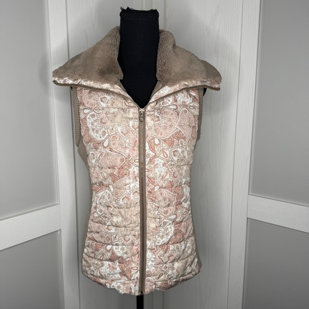 Ruby Rd Puffer Vest Womens‎ Small Pink Paisley Faux Fur Collar Ribbed Knit Trim